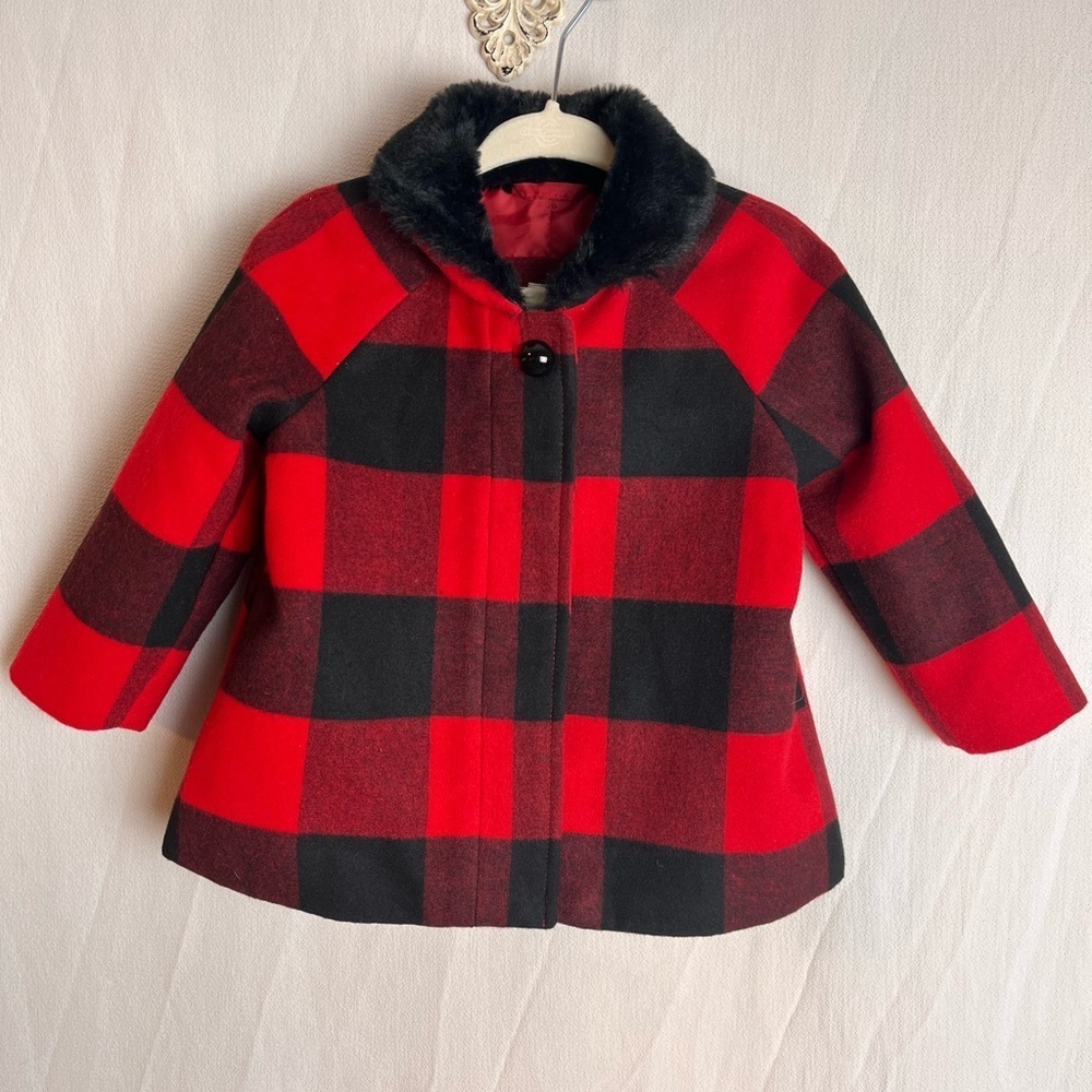 Nwot Baby Gap red and black plaid coat with faux fur collar
